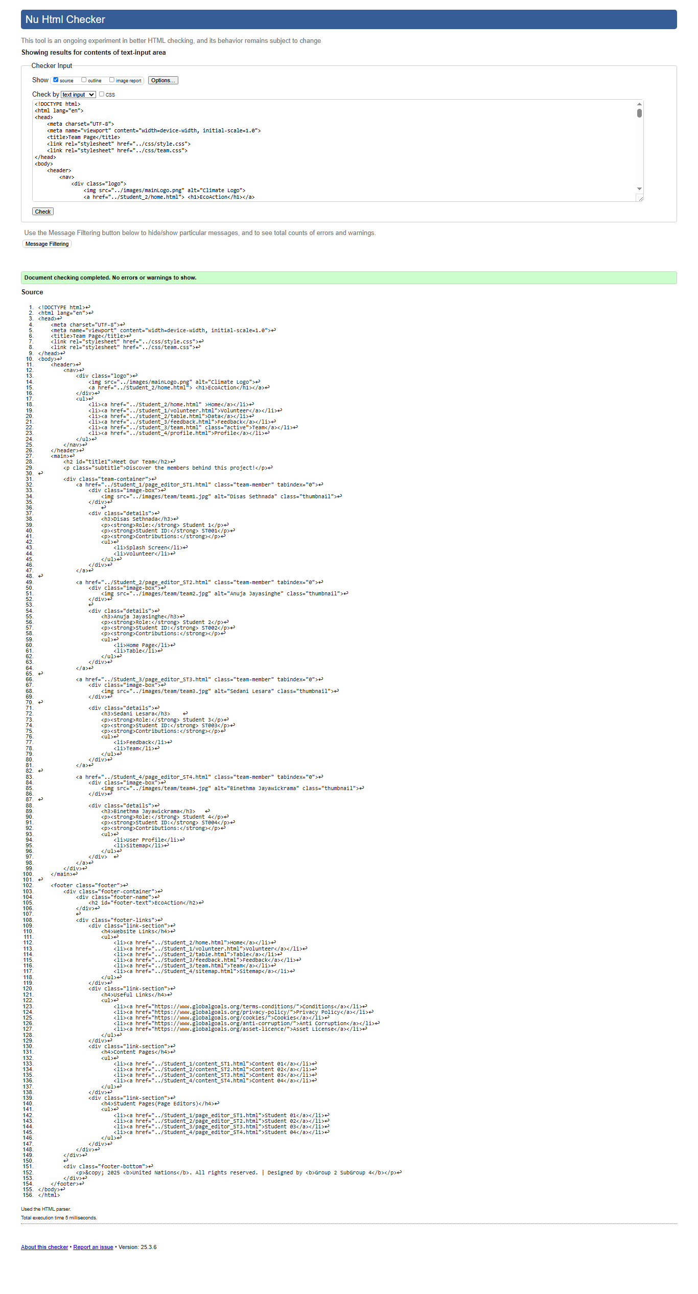 Team Page Validation